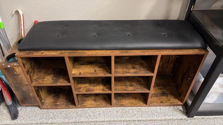 Wooden Shoe Bench 10-Cube Storage Organizer with Padded Cushion & Umbrella Holder