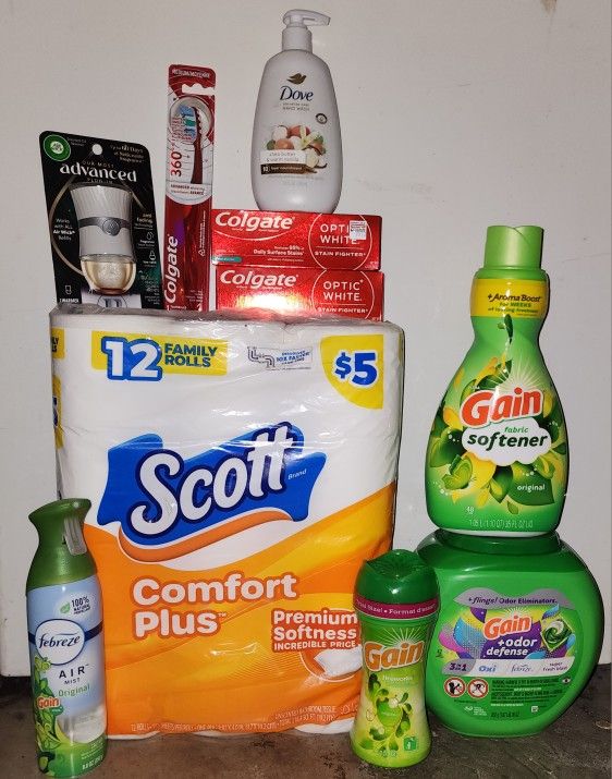 Bundle 30.00 gain, scott, colgate, dove, airwick and febreeze