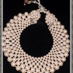 Pink Glass Pearl, Swarovski Crystal,  And Moonstone  Beaded Bib Necklace 