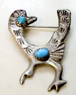 “Old Pawn” 925 Silver & Turquoise Vintage Roadrunner Brooch