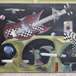 Surrealist Guitar Shredding Masterpiece 1970s found painting nudes shark LARGE