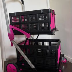 Brand New, High-Quality, Assembled, Multi Use Collapsible Cart, Storage Cart Wagon, Shopping Cart with 2 Storage Crates, Pink and Black