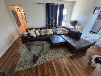 Brown Leather Sectional Sofa with Storage Ottoman – 123" Long