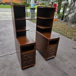 SET OF 2 NARROW Solid Wood End Table/Nightstands with Drawers, shelves, pull-out tray Reversible Corners Shelves, Walnut open box new read description