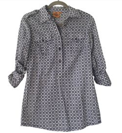 Tory Burch Blouse Top Blue White Square Signature T Cotton Shirt Size 4