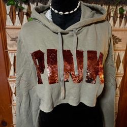 PINK VICTORIAS SECRET GREEN RUST SEQUINS GOLD SCRIPT SLEEVE CROP HOODIE LARGE