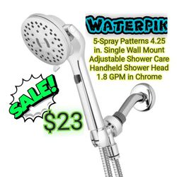 Waterpik
5-Spray Patterns 4.25 in. Single Wall Mount Adjustable Shower Care Handheld Shower Head 1.8 GPM in Chrome