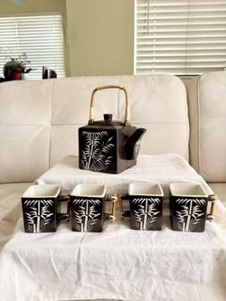 Bamboo Design Stoneware Teapot with Bamboo Handles Brown/White with 4 Cups