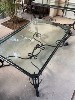 Glass and wrought iron coffee table and console table