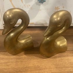 Vintage MCM Brass Swan Head Book Ends 