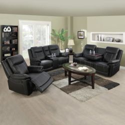 New 3 Piece Black Leather Recliner Sofa Set