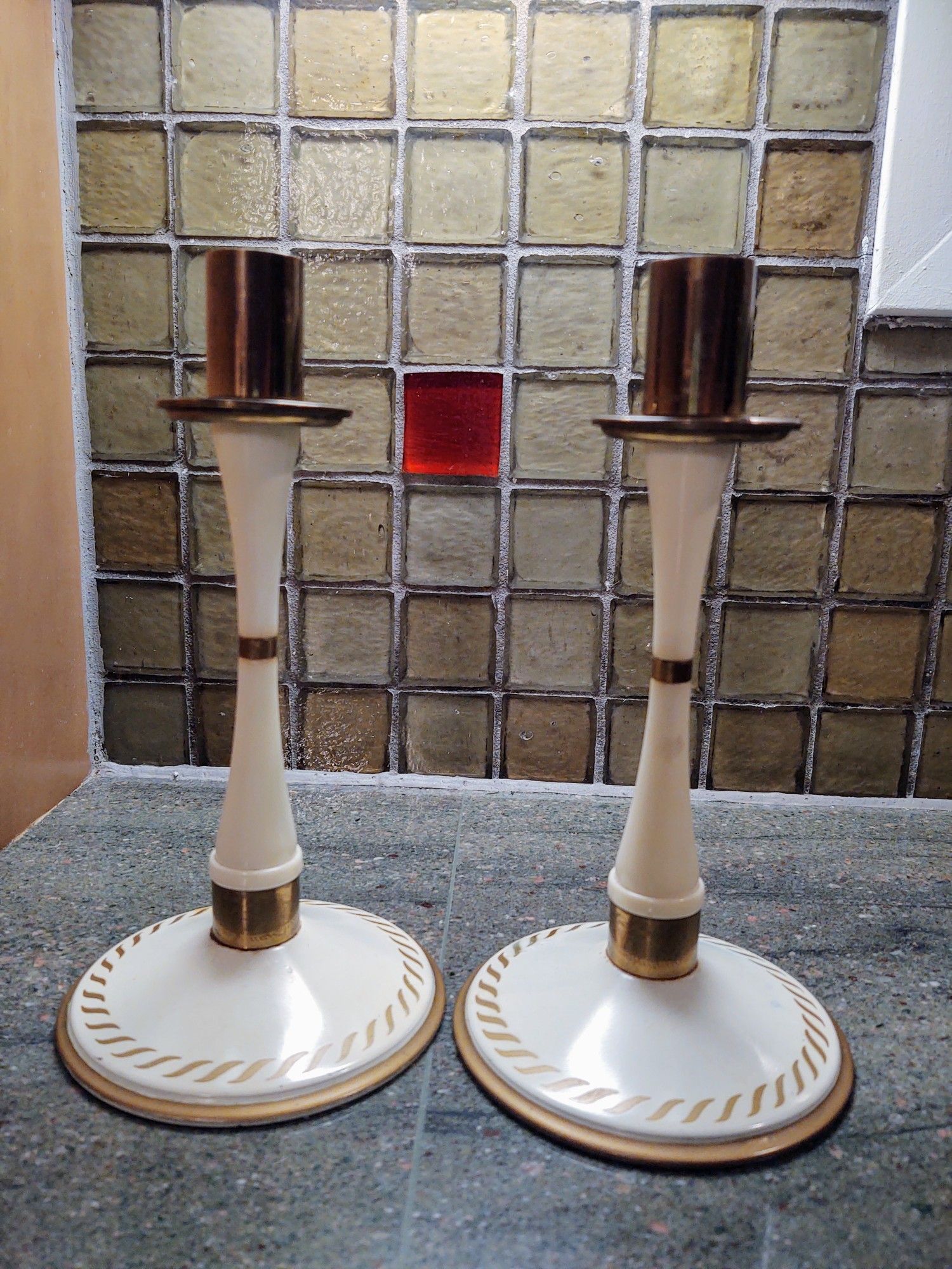 Mid Century Toleware Brass Candlesticks