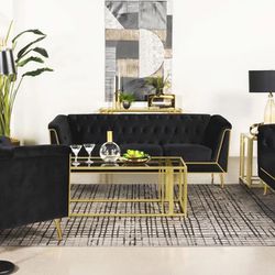 3PC Black Velvet Sofa, Loveseat & Chair 
