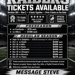 Raiders Tickets vs Dolphins Chiefs Bills Rams Seahawks Chargers Broncos Titans Cardinals 49ers – 4 Aisle Seats