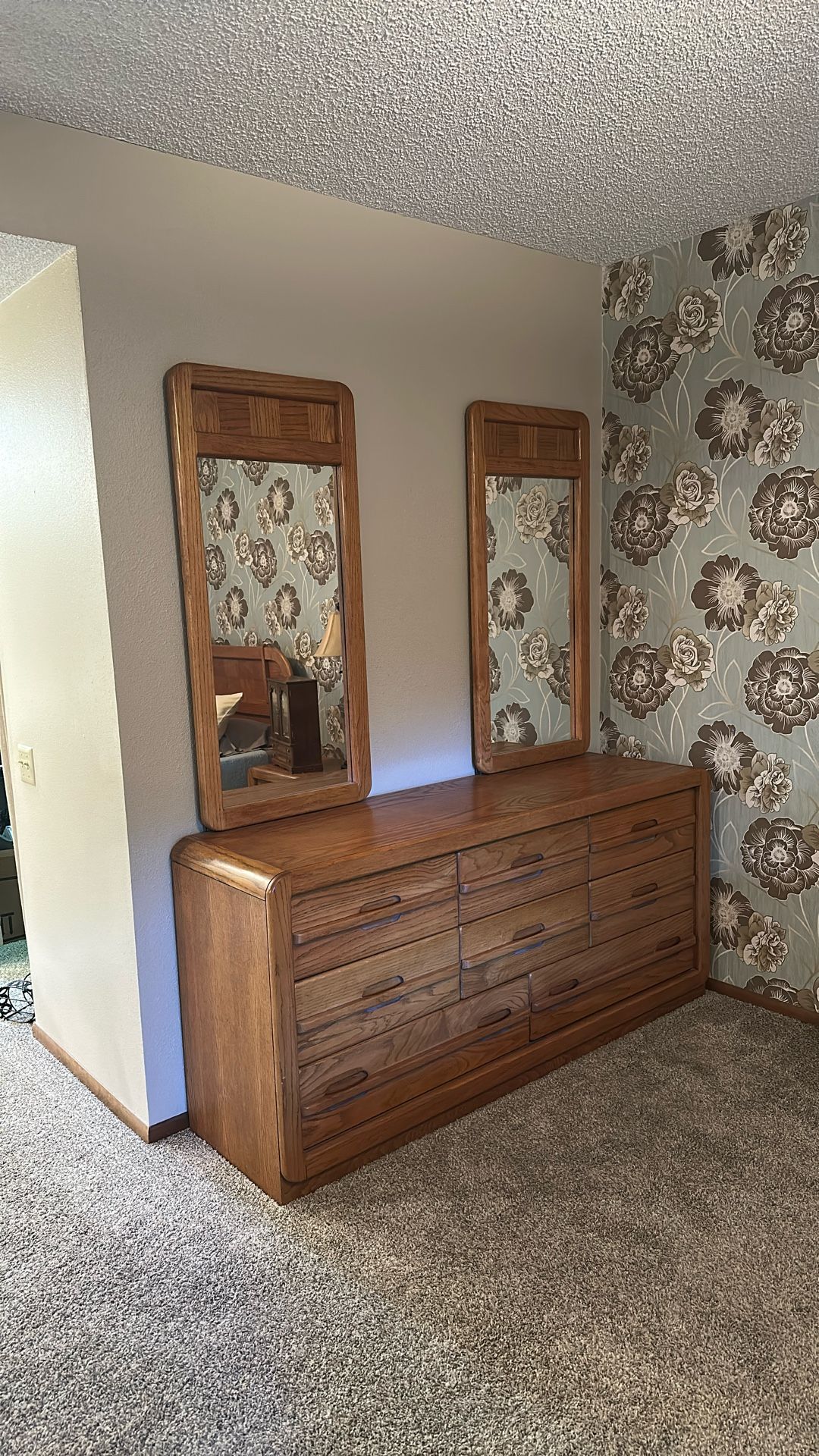 Oak Dresser With Mirrors And Headboard 