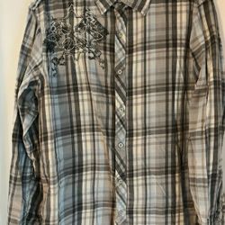 Helix XXL Men’s Shirt Button Up Gray/LT Blue Plaid Embroidered