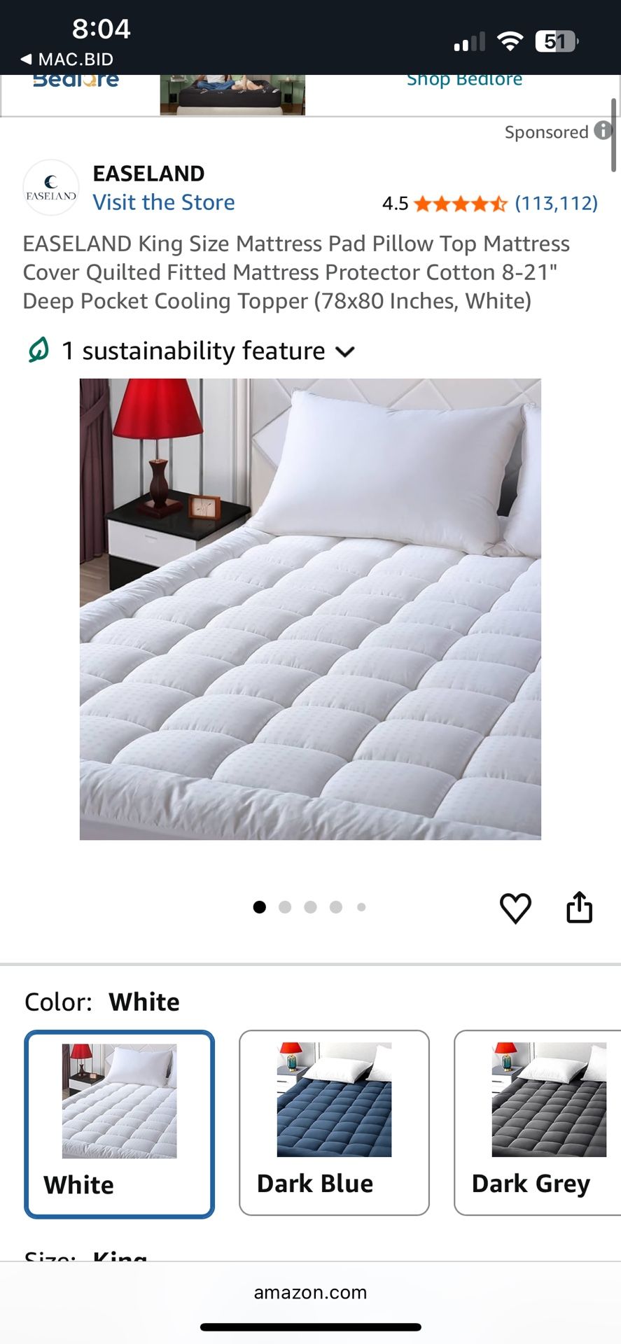 Easeland King Size Pillow Top Mattress Pad