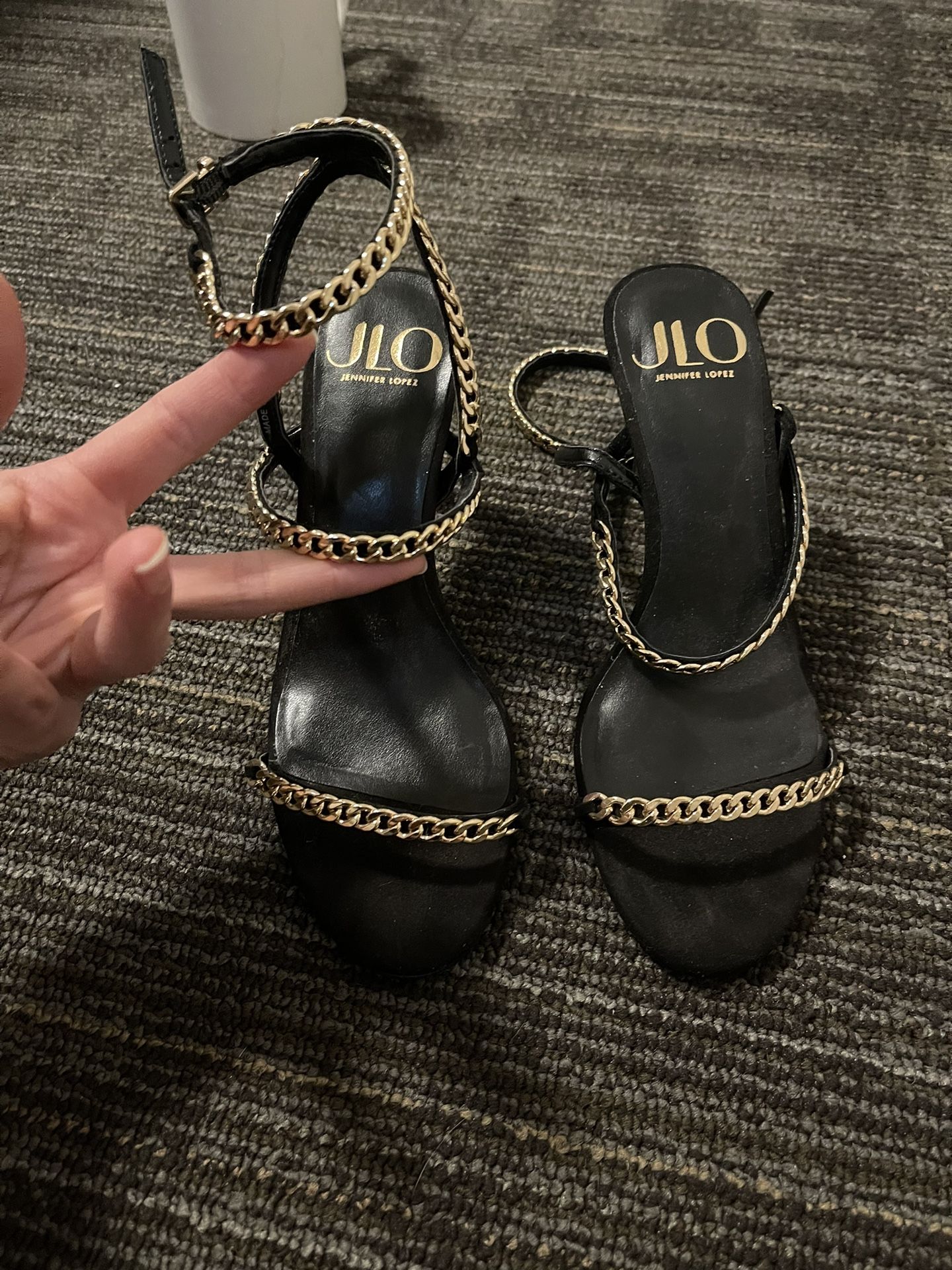 Brand new J Lo Heels Size 7 Black with Gold Chain Accents