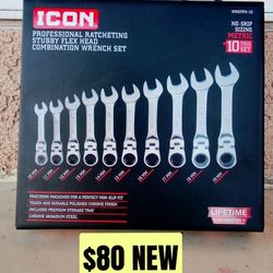 New ICON Professional Stubby Flex-Head Metric Ratcheting Combination Wrench Set, 10-Piece $80 Sizes 10 -19mm