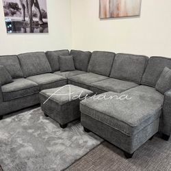 NEW! 5-Pc Sectional Sofa Set With Ottoman And USB Port  (Chenille Fabric)