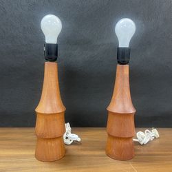 Vintage, Retro Mid Century Modern Pair Of Danish Solid Teak Table Lamps