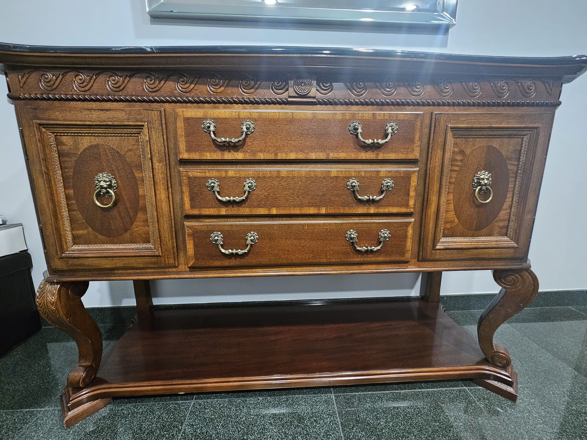 Antique Traditional style buffet sideboard with black marble top