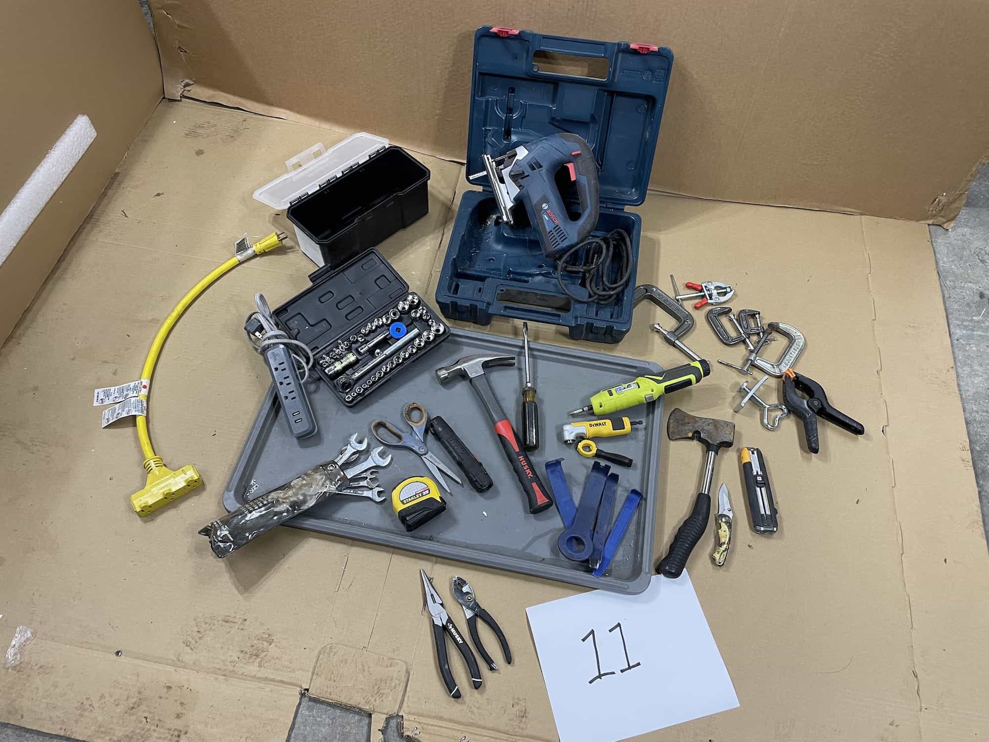 $50 - Tools GRAB BAG #11 : 3 way extension cord, ratchet set, Bosch jigsaw, C-clamps, cordless driver, hatchet & More