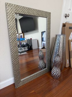 Silver Textured Wall Mirror (3x2ft) & Matching Metallic Vases Set