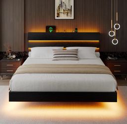Queen Floating Bed Frame with LED Lights and Charging Station