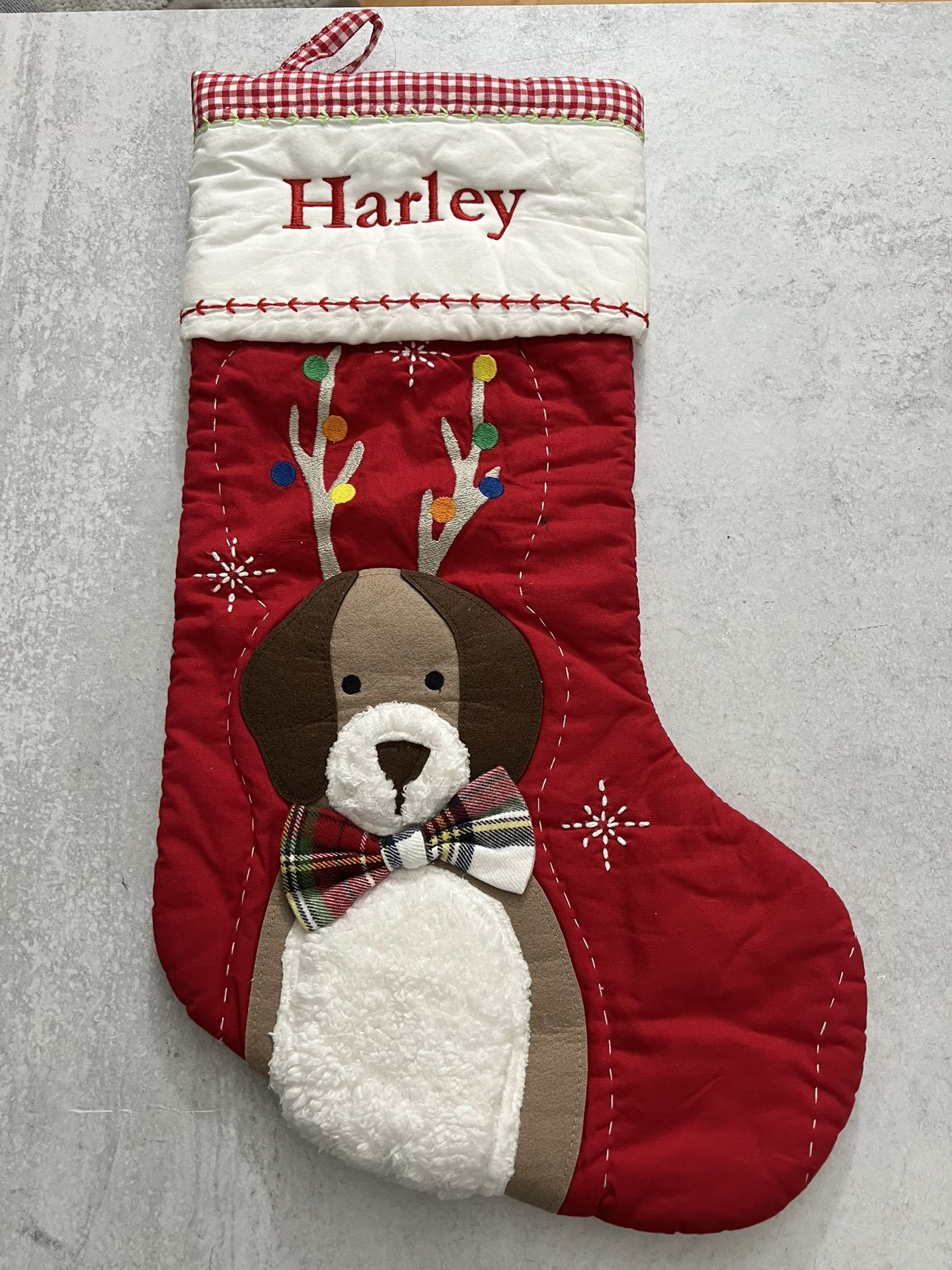 POTTERY BARN KIDS DOG WITH ANTLERS CHRISTMAS STOCKING MONO “HARLEY”