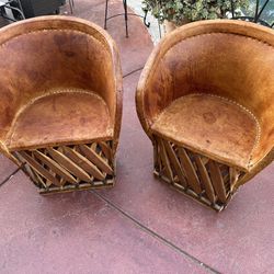 2 Matching Mexican Equipale Leather Barrel Chairs