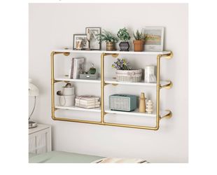 HOMEKAYT 48" Industrial Pipe Shelving Floating Wall Shelves 3 Tier Gold Shelves Multiple Use for Kitchen, Bedroom, Living Room,Bathroom