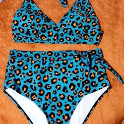 Blue Leopard High Waist Retro Bikini Swimsuit Large 