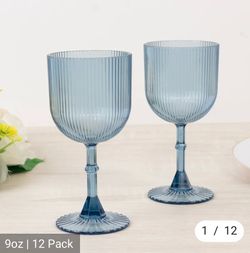 12-Pack Plastic Goblets Dusty Blue Vintage Ribbed Pattern - Transparent Reusable Shatterproof Glassware 9oz (6)