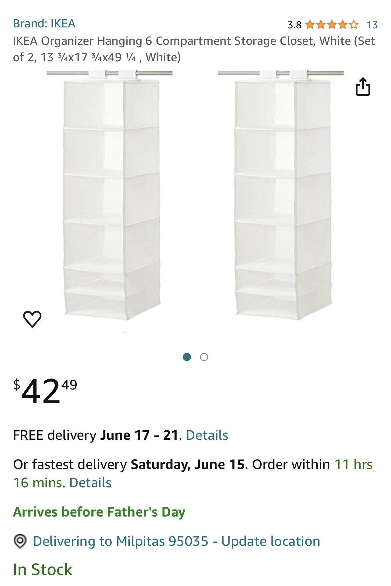IKEA Organizer Hanging 6 Compartment Storage Closet, White (Set of 2, 13 ¾x17 ¾x49 ¼ , White