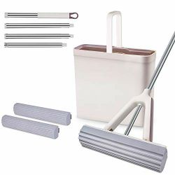 MOOSOO Sponge Mop and Bucket Set with 2 Pcs Self Cleaning&Super Absorbent PVA Sponge Hands-Free Mop Heads, 4 Extendable Handle for Hardwood Laminate T