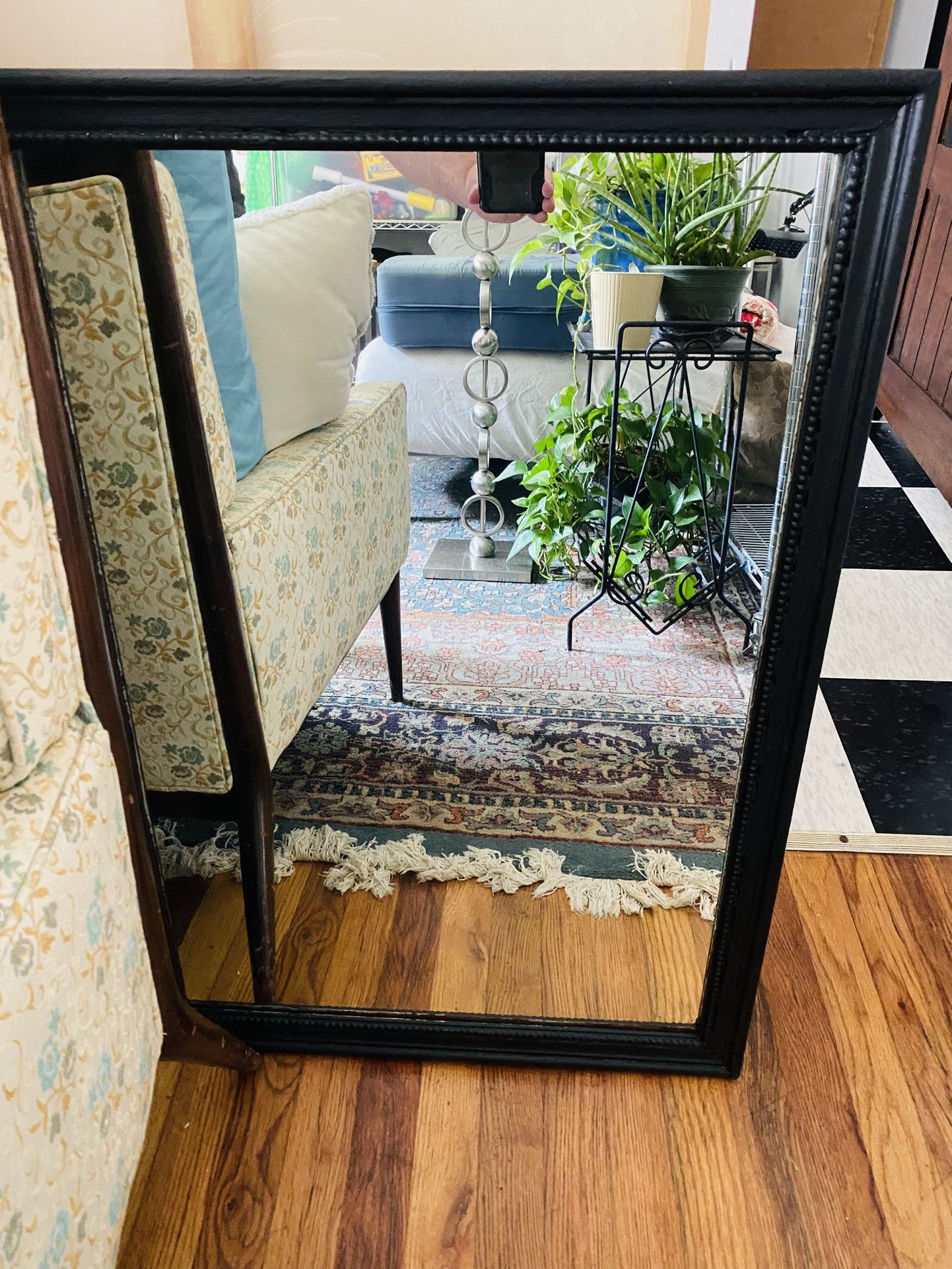Vintage Black wood mirror w/ beading 1957 23”x32.5”
