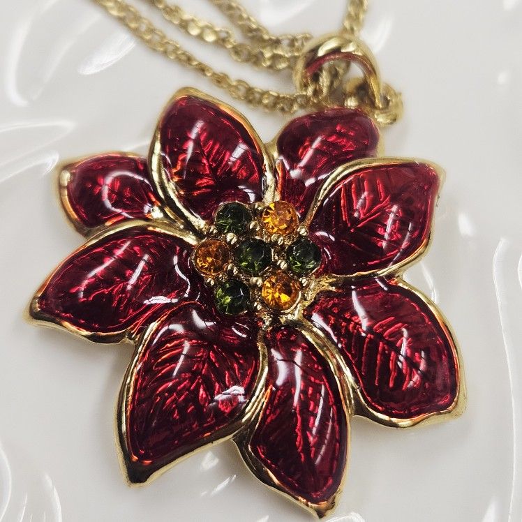 Vintage Christopher Radko Poinsettia Necklace Red and Gold Christmas Floral