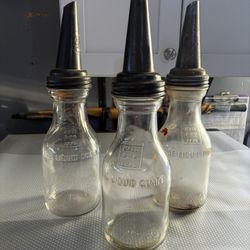 Vintage 1 Quart Glass Oil Bottles with Metal Funnel on top 
