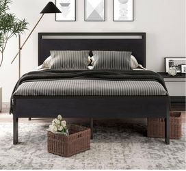 Full Size Bed Frame, Wooden Headboard and Footboard, Black Oak