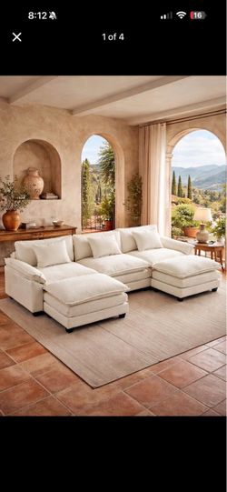 Cream Chenille Sofa w/ 2 Ottomans