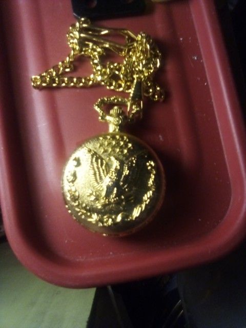 Gold Tone Pocket Watch Japan Movement With Chain
