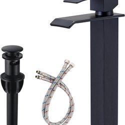 SHACO Matte Black Vessel Sink Faucet, Tall Waterfall Bathroom Faucet for Sink Bowl, Single Handle One Hole Bathroom Mixer Tap with Pop Up Drain and Wa