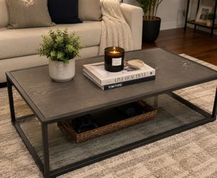 Crate & Barrel Modern Coffee Table – Metal Frame & Wood Top –