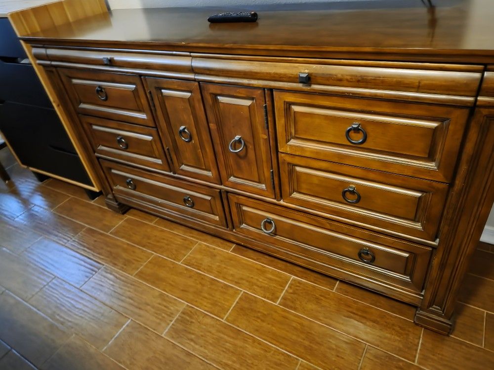 King Size Bed Frame, Mattress, Dresser, and 2 Night Stands.