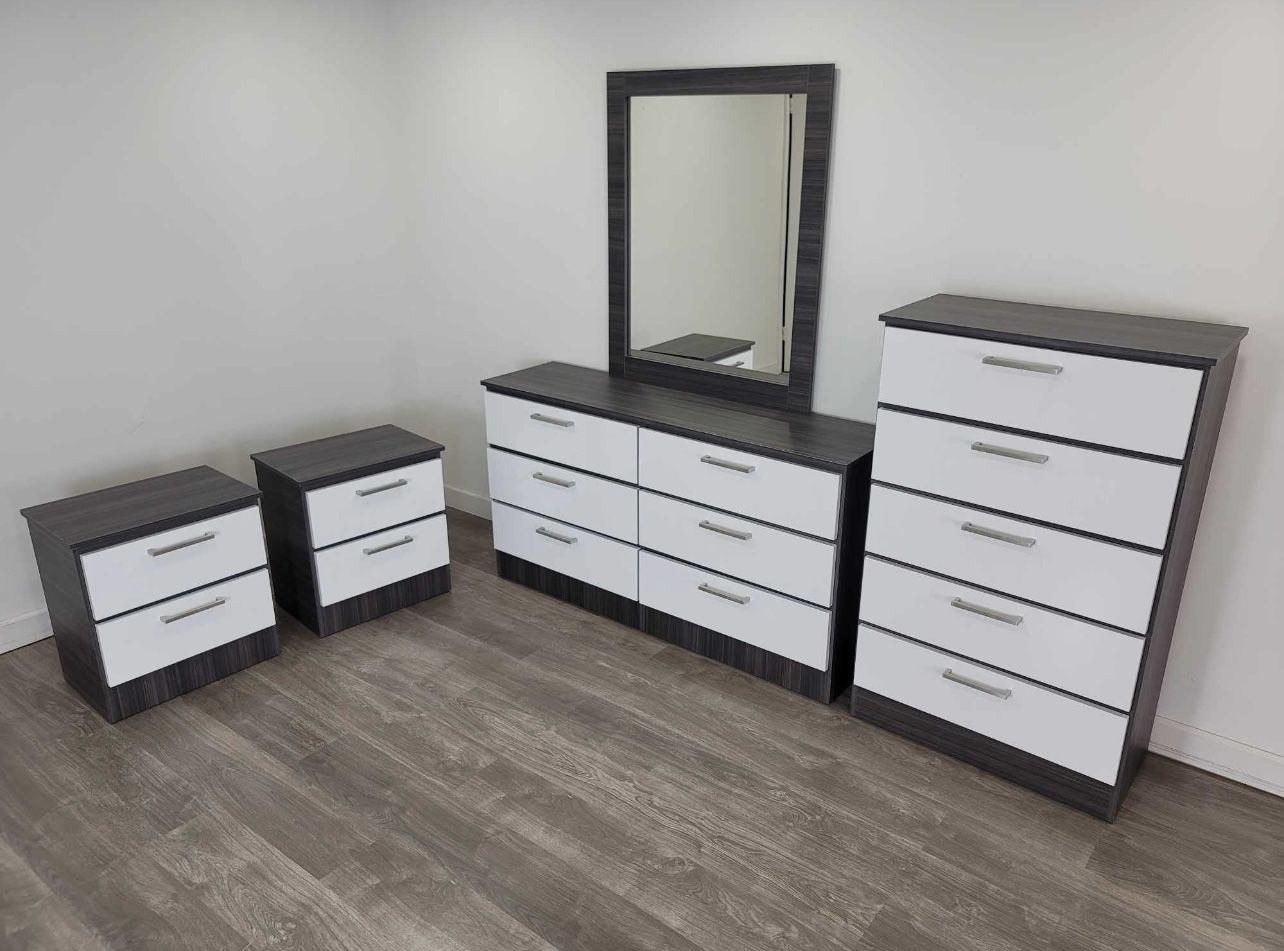 New Dresser Whit Mirror Chest And 2 Nightstands Nueva Cómoda Con Espejo Gavetero Y 2 Mesitas De Noche
