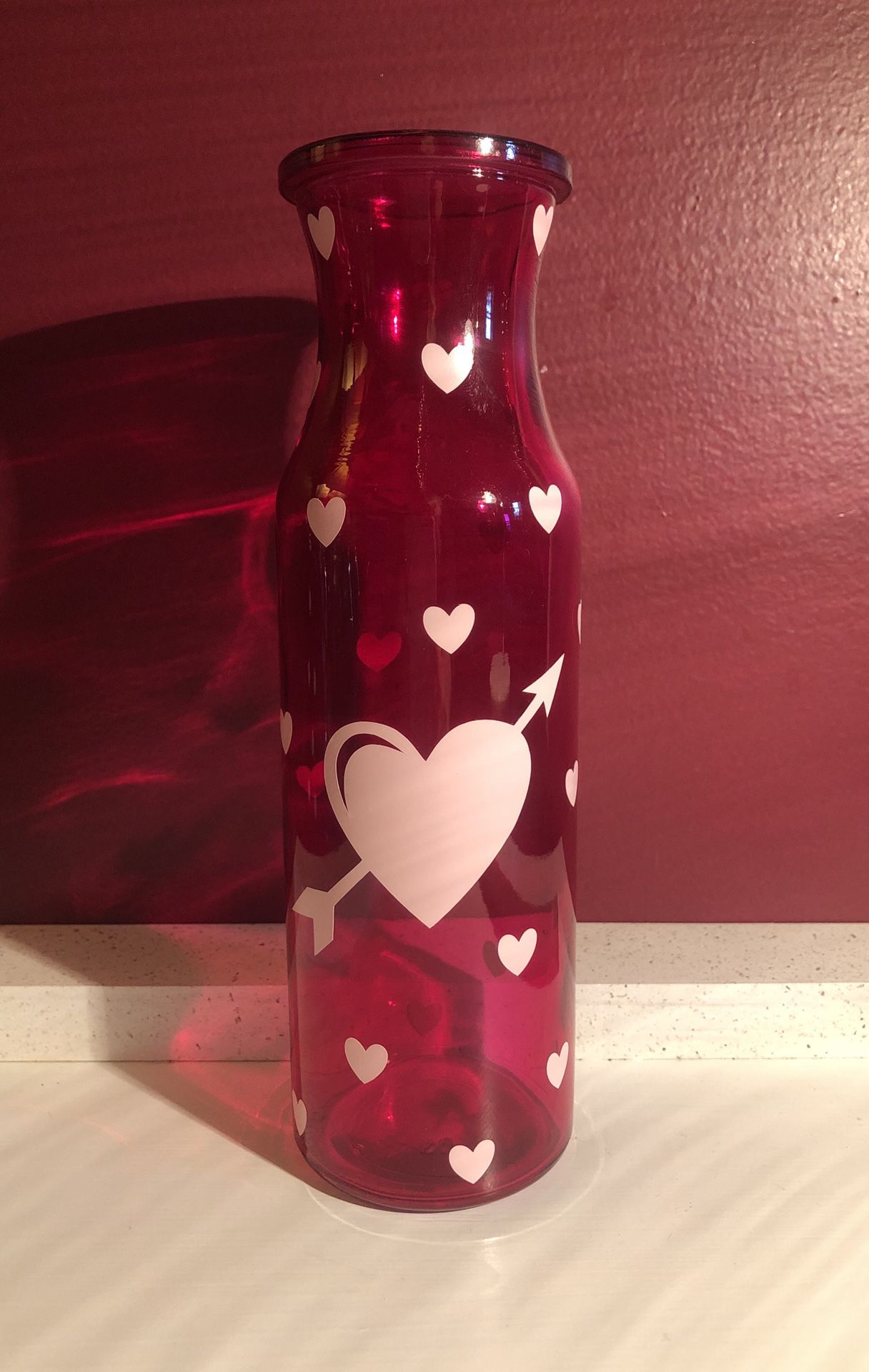 Pink Glass Flower Vase With Pink Heart Design