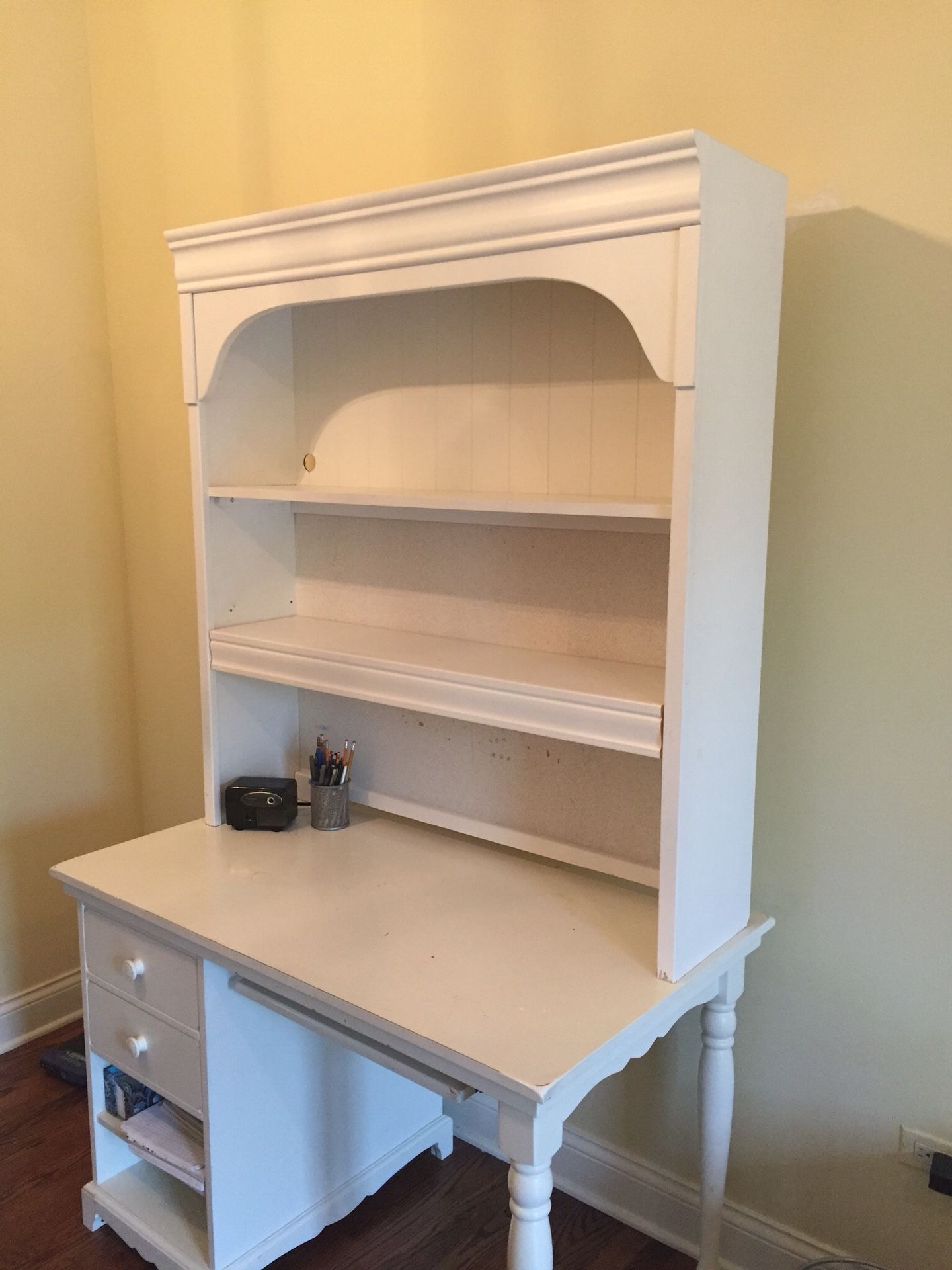 Solid White wood Bookcase only (desk not included) to place on top of a desk. Bookcase is 4ft tall by 3 ft 9in wide.
