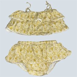 Kate Quinn Sun Suit Size 2T yellow ruffle Pom Pom bikini swim set, 100% organic cotton  Open to offers in euc