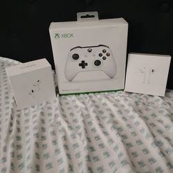 Two pair of airpods and one Xbox controller